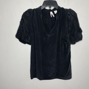 SPARKLE & FADE Silk Top Womens Medium Black V-Neck Popover Blouse Short Sleeve